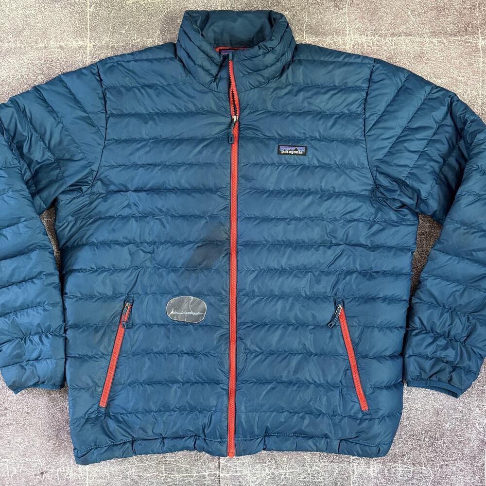 Men's Patagonia Big Sur Blue Fire Red Down Full Zip Puffer Sweater Jacket Sz XL